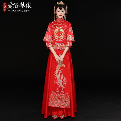 The bride likes Chinese wedding dress red long wedding toast clothing cheongsam 2018 spring and summ