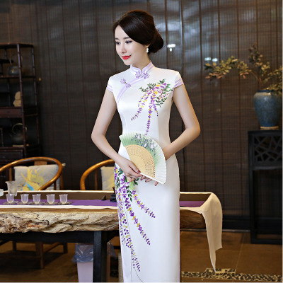 Cheongsam long style 2018 new silk imitation banquet show dress  modified retro slim cheongsam dress