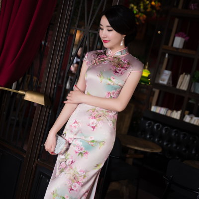 Cheongsam long style 2018 new silk imitation double-layer fashion elegant performance dress slim cheongsam dress