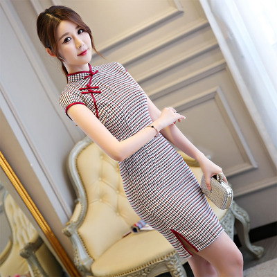 Cheongsam 2018 new style improved fashion elegant retro plaid slim tribute cotton short style cheongsam dress women