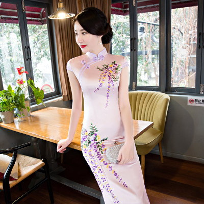 Cheongsam long section summer 2018 new female double slim catwalk party performance dress silk cheongsam dress