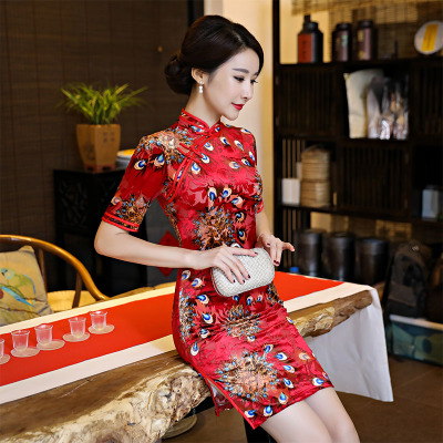 Long cheongsam 2018 new spring and summer velvet Slim thin mother loaded short cheongsam dress sleeves