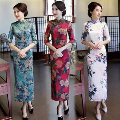 Long cheongsam 2018 new spring modified sleeves Slim retro annual show show cheongsam dress women