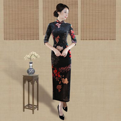Gold velvet cheongsam dress 2018 new female dignified atmosphere sleeves retro modified stretch mother cheongsam in the long section