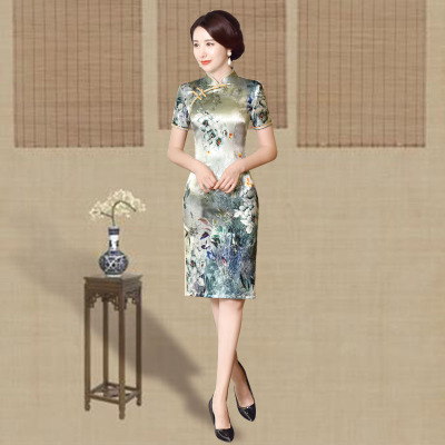 Cheongsam summer 2018 new female elegant air improvement elegant slim short-sleeved medium length cheongsam dress