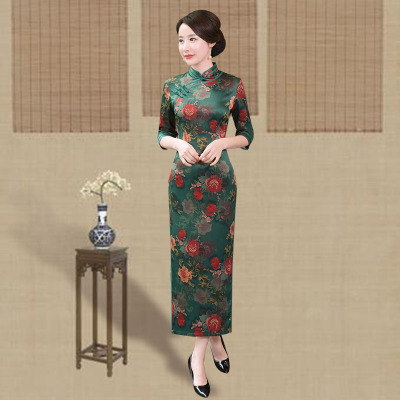 Long cheongsam 2018 new spring female dignified atmosphere retro elegant catwalk costume dress long sleeves