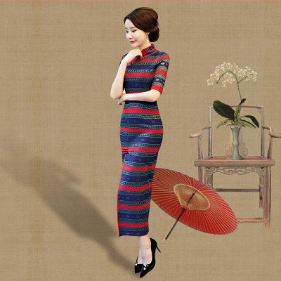 Cheongsam spring section 2018 new female dignified atmosphere modified version of lace retro Slim cheongsam dress long section