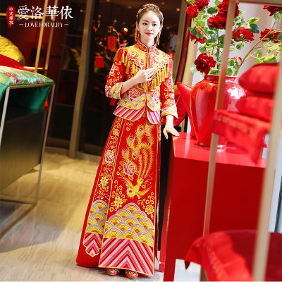 Dragon Phoenix bride 2018 spring and summer new wedding toast clothing cheongsam suit red long Chine