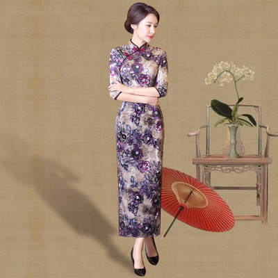 Golden fleece cheongsam 2018 new women elegant atmosphere improvement retro show thin long style cheongsam dress middle sleeve