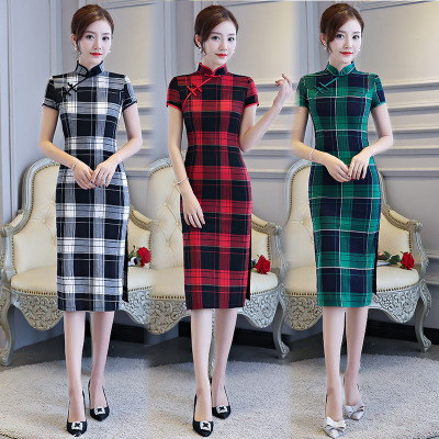 2018 new style retro plaid daily republican style retro girl trim improved qipao dress in the long summer