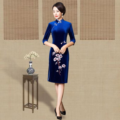 Golden fleece cheongsam 2018 new female improved stretch restoring ancient style slim middle long style cheongsam dress middle sleeve