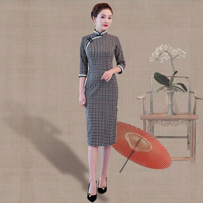 Qipao spring 2018 new female elegant retro artistic lattice modified slim middle length qipao dress