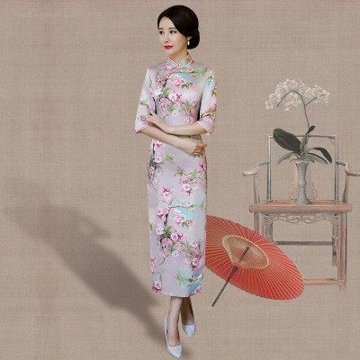 New style of cheongsam 2018 spring women dignified and refined body walk show performance long cheongsam dress middle sleeve