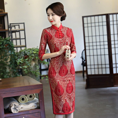 Cheongsam 2018 new spring and autumn female dignified atmosphere modified lace elegant Chinese-style cheongsam dress long section