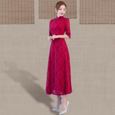 Cheongsam 2018 New Spring Double Retro Slim Improved Elegant Lace Daily Cheongsam Dress Long section