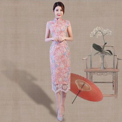 Cheongsam 2018 new girl lace retro trim elegant banquet dress modified cheongsam dress medium length