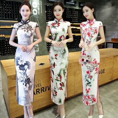 Cheongsam summer 2018 new girl dignified atmosphere retro slim catwalk Chinese cheongsam dress long section