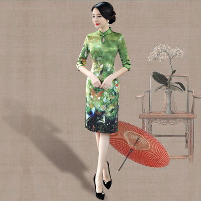 Cheongsam Spring 2018 New Girl Dignified Atmosphere Retro Sleeve Slim Improved Cheongsam Dress Long section