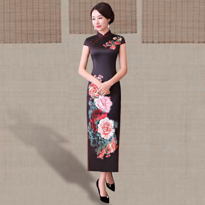 Long style qipao summer 2018 new style women retro trim banquet etiquette show thin improved qipao dress