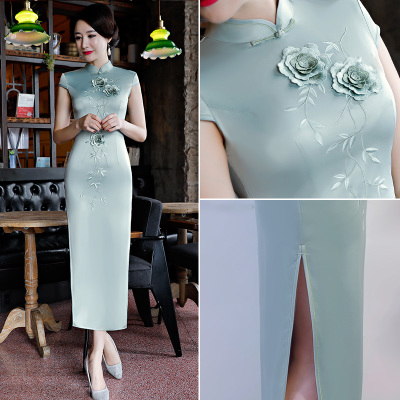 Cheongsam 2018 new embroidery double retro elegant girl Slim modified cheongsam dress female summer long section
