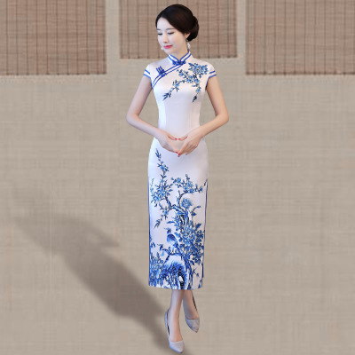 Cheongsam 2018 new spring and summer double-layer retro slim figure show performance elegant improved cheongsam dress long style