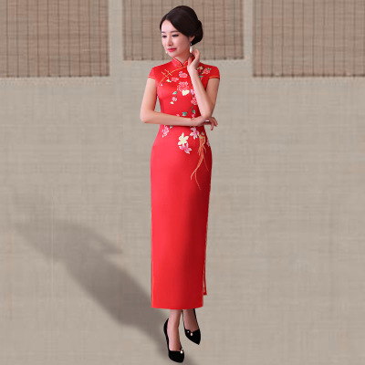 Long style cheongsam 2018 new spring and summer double-layer vintage elegant slim body walk show performance improved cheongsam dress female