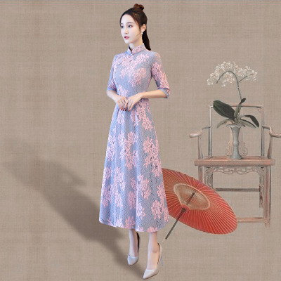 Improved cheongsam 2018 new spring girl trim banquet elegant lace trim cheongsam dress medium length