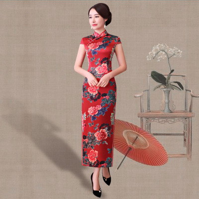 Long style cheongsam 2018 new spring and summer double-layer vintage elegant slim body walk show performance improved cheongsam dress female