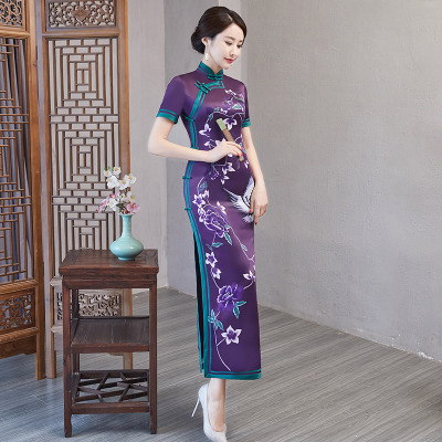 Long cheongsam summer 2018 new female Chinese style dignified elegant short-sleeved catwalk costume dress