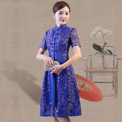 New style 2018 summer dress women retro traditional Chinese lace trim daily improved short sleeve qipao dress