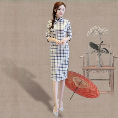 2018 new spring and summer dress girl gong mian trim daily traditional improved mid-sleeve qipao dress long style