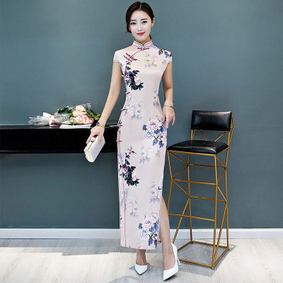 Long style qipao summer 2018 new style women retro elegance China style old Shanghai show performance Chinese dress