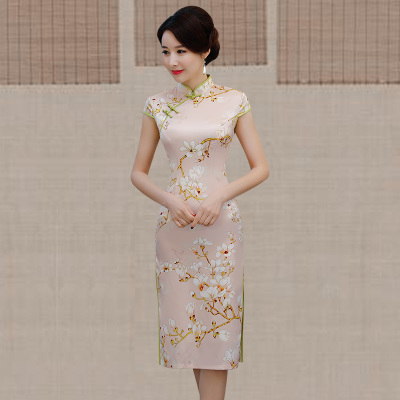 Cheongsam medium length summer 2018 new girls retro short-sleeved imitation silk improved daily show thin cheongsam dress