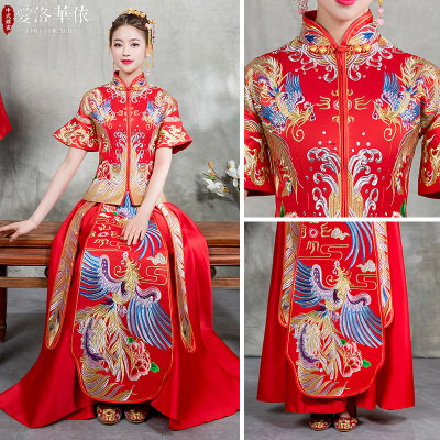 Show Wo clothing 2018 new summer bride wedding toast clothing Dragon Phoenix Chinese style thin dres