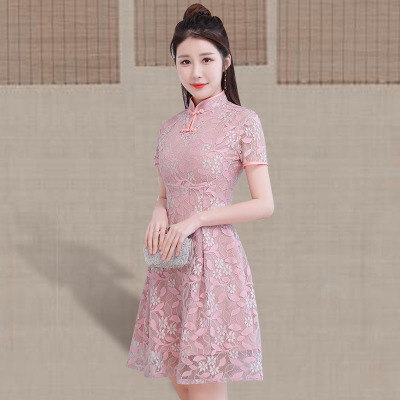 Short cheongsam summer 2018 new girl retro Slim elegant daily modified version of the lace robe dress