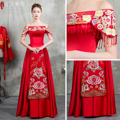 One shoulder wedding toast service 2018 new summer show 禾 clothing bride Chinese wine red dress marr