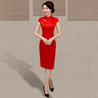 Qipao medium length summer 2018 new style female temperament trim Chinese style show thin show performance qipao dress