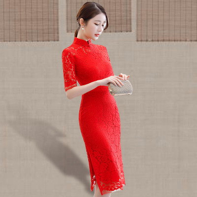 Qipao medium length summer 2018 new style women retro Chinese style trim daily improved lace qipao dress