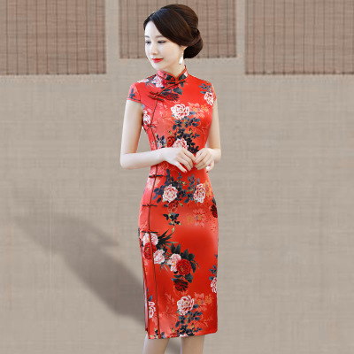 Qipao medium length summer 2018 new female retro Chinese style trim slim daily Chinese chi-pao dress