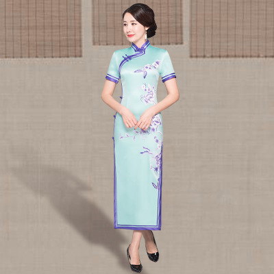 Cheongsam long style summer 2018 new female Chinese style retro Chinese style show a slim and slim walk show dress