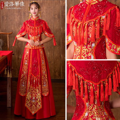 Show Wo clothing bride 2018 new summer short-sleeved wedding toast clothing dress Dragon Phoenix Chi