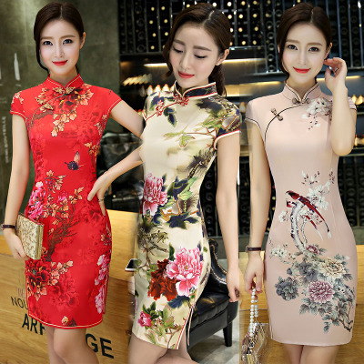 Short cheongsam summer 2018 new girl Chinese style catwalk show temperament Slim thin robe dress