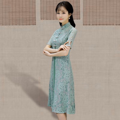 Medium and long qipao summer 2018 new female lace odai retro banquet dress elegant qipao dress