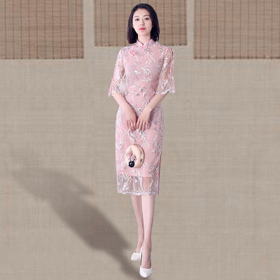 Medium and long qipao summer 2018 new girl vintage elegant improved lace short sleeve qipao dress