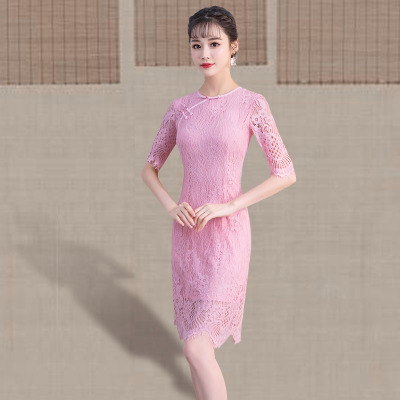Qipao summer 2018 new women retro Chinese style modified Audrey lace slim chi-pao dress medium length