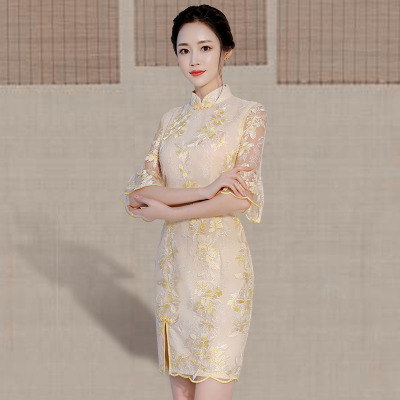 Medium and long style qipao summer 2018 new style Chinese style lace modified Chinese style elegant banquet qipao dress