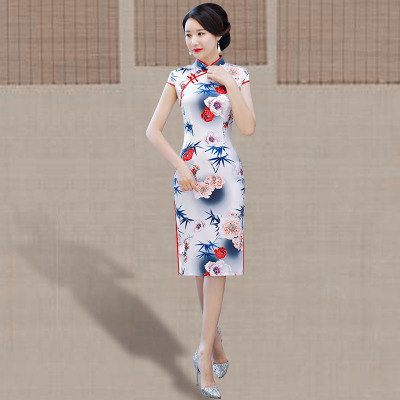 Qipao medium length summer 2018 new female retro Chinese style fashion show performance slim elegant qipao dress