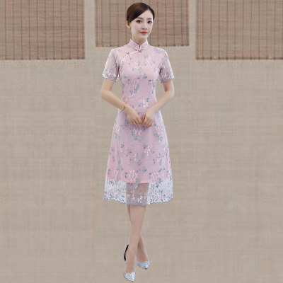 Medium and long qipao summer 2018 new girl Chinese style retrofit and fresh dress